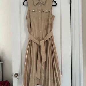 Elie Tahari Beige Pleated Midi Dress